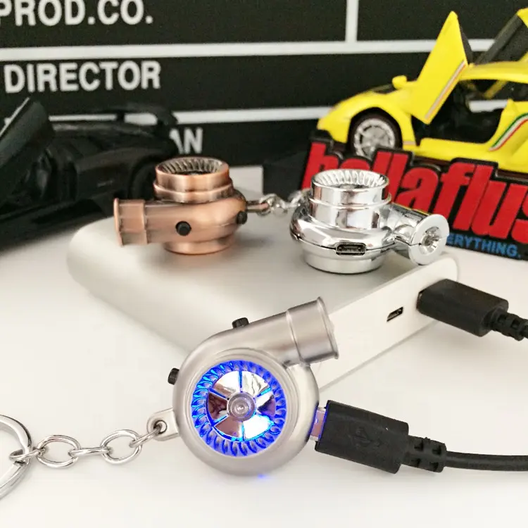 USB Charging LED Light Spinning Turbine Key Chain Creative Gift Car Parts Keychain with Sound