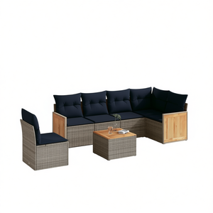Ensemble de canapés de jardin en polyrotin 7 pièces avec coussins, mobilier d'extérieur au design contemporain en panneaux de teck - Product Image 1