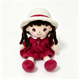 Muñeca de peluche con cabello trenzado personalizado, peluche suave y esponjoso, muñeca de peluche con rostro bordado, muñeca de peluche con vestido rojo y sombrero blanco. - Product Image 5