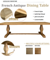 Ensemble de table à manger longue sur piétement en bois massif de chêne, style campagne française, luxe antique, plateau en parquet, pour événements et mariages, T159-300P