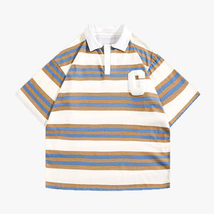 Camiseta Polo de Manga Corta Personalizada con Logotipo Bordado en Toalla, de Algodón Puro a Rayas, con Bloques de Color y Solapa - Product Image 2