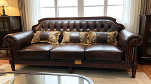 Sofá Chesterfield clásico de 3 plazas con marco de madera tallada, tapizado en cuero con botones y remaches, para sala de estar, mueble para el hogar. - Product Image 4
