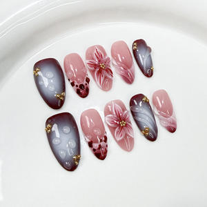 Uñas Postizas de Almendra Hechas a Mano, Color Borgoña Ombre, con Diseño Floral 3D y Gotas de Resina, Uñas Artísticas Románticas Oscuras, Venta al Por Mayor - Product Image 2