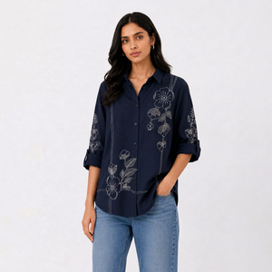 Camisa de algodón bordada para mujer, con botones, bordado floral, manga larga, informal - Product Image 1