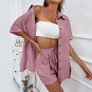 Ensemble décontracté pour femme, chemise à manches courtes et short de couleur unie, avec étiquettes, pantalon cinq-quarts, style japonais et coréen, pour les loisirs - Product Image 3