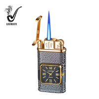 Briquet de montre torche Butane multifonctionnel de luxe bleu flamme coupe-vent métal bois Jet briquet cigarettes fume imprimé au Laser