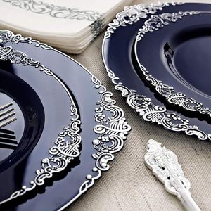 Ensemble de 25 assiettes de présentation <span class=keywords><strong>bleu</strong></span> <span class=keywords><strong>marine</strong></span> pour mariage, avec bordure argentée, en plastique, pour mariages, anniversaires, vaisselle élégante - Product Image 5
