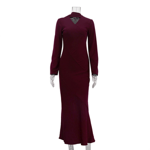 2025 con zip autunnale in raso sottile elegante donna Maxi abito lungo da sera <span class=keywords><strong>bordeaux</strong></span> con <span class=keywords><strong>maniche</strong></span> - Product Image 4