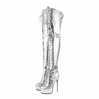 Taille 46 mode discothèque décapant plate-forme botte à lacets boucle en métal ceinture Sexy talon aiguille femmes cuissardes bottes