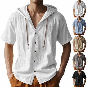 Custom <b>Men</b> <b>Short</b> <b>Sleeve</b> Knitted Hooded Shirt Embroidery Logo 145GSM 100% Cotton Resort Streetwear Top - Product Image 1