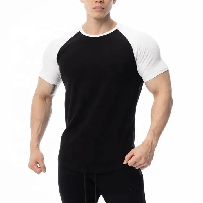 Customize Logo Gym Splice Raglan Performance Short Tee Muscle Fit Color Block T Shirt Men