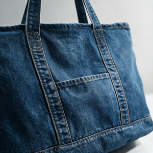 Sherwin Denim <b>Canvas</b> Medium Tote <b>Bag</b> Long Handle Zipper Closure Personalized <b>Black</b> White Striped Custom Letter Printing Design - Product Image 4