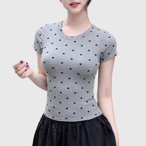 Nuevo diseño estilo rojo lunares estampado Slim Fit algodón corto manga corta Camiseta cuello redondo de mujer mejor precio - Product Image 2
