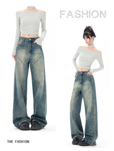 Jeans Vintage Lavati Impermeabili da Donna Taglie Forti con Cuciture Decorative Vita Alta Gamba Larga <span class=keywords><strong>Pantaloni</strong></span> Lunghi - Product Image 4