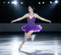 Robe de patinage artistique violette à manches longues, col montant, dos ouvert en maille, jupe ornée de strass pour filles adultes, compétition et performance