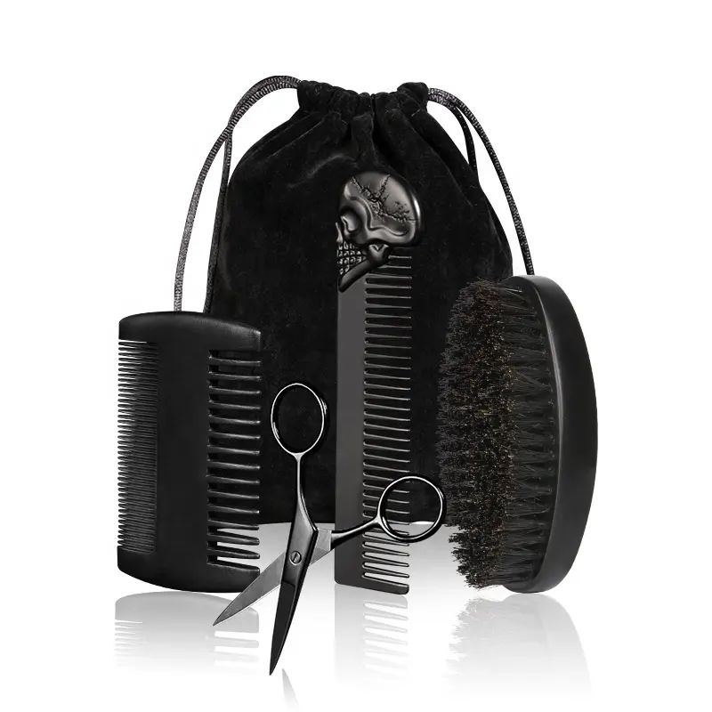 Custom Logo Black Wood Beard Comb Brush Set Natural Boar Bristle Brush With Wood Comb Beard Care Grooming Kit For Men Gift Set