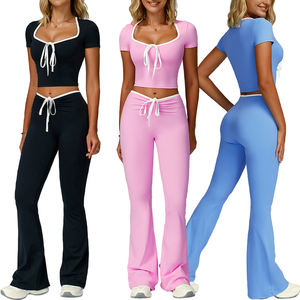 Tz2017 Yoga 2 pezzi set di colore contrasto manica corta Top Cropped con fascia per capelli a forma di V in vita a forma di abbigliamento da palestra all'aperto - Product Image 2