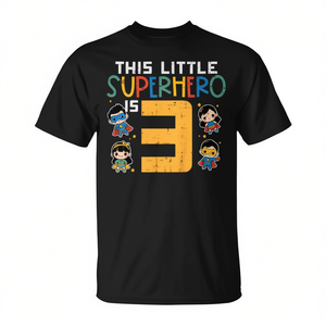 Camiseta de cumpleaños para niños y niñas de 3 años con la frase "This Little Superhero Is 3" - Product Image 2