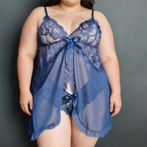Ensemble de lingerie babydoll en dentelle rose pour femmes grandes tailles, 2 pièces, bretelles spaghetti, fente avant, mini-chemise de nuit en maille transparente à volants - Product Image 1