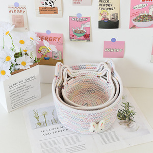 Handmade Woven Storage <b>Basket</b> Round Cotton Rope Cartoon Rabbit Design For Living Room Organizing Toys - Product Image 3