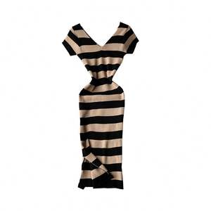 Vestido casual de punto a rayas con cuello en V y manga larga para mujer, vestido tubo midi de cintura alta, vestidos sexys para mujer, ropa al por mayor - Product Image 5