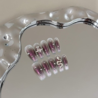 Faux ongles à presser faits main, gris gothique ombré, avec croix argentée 3D, réutilisables, longs, forme cercueil, à coller