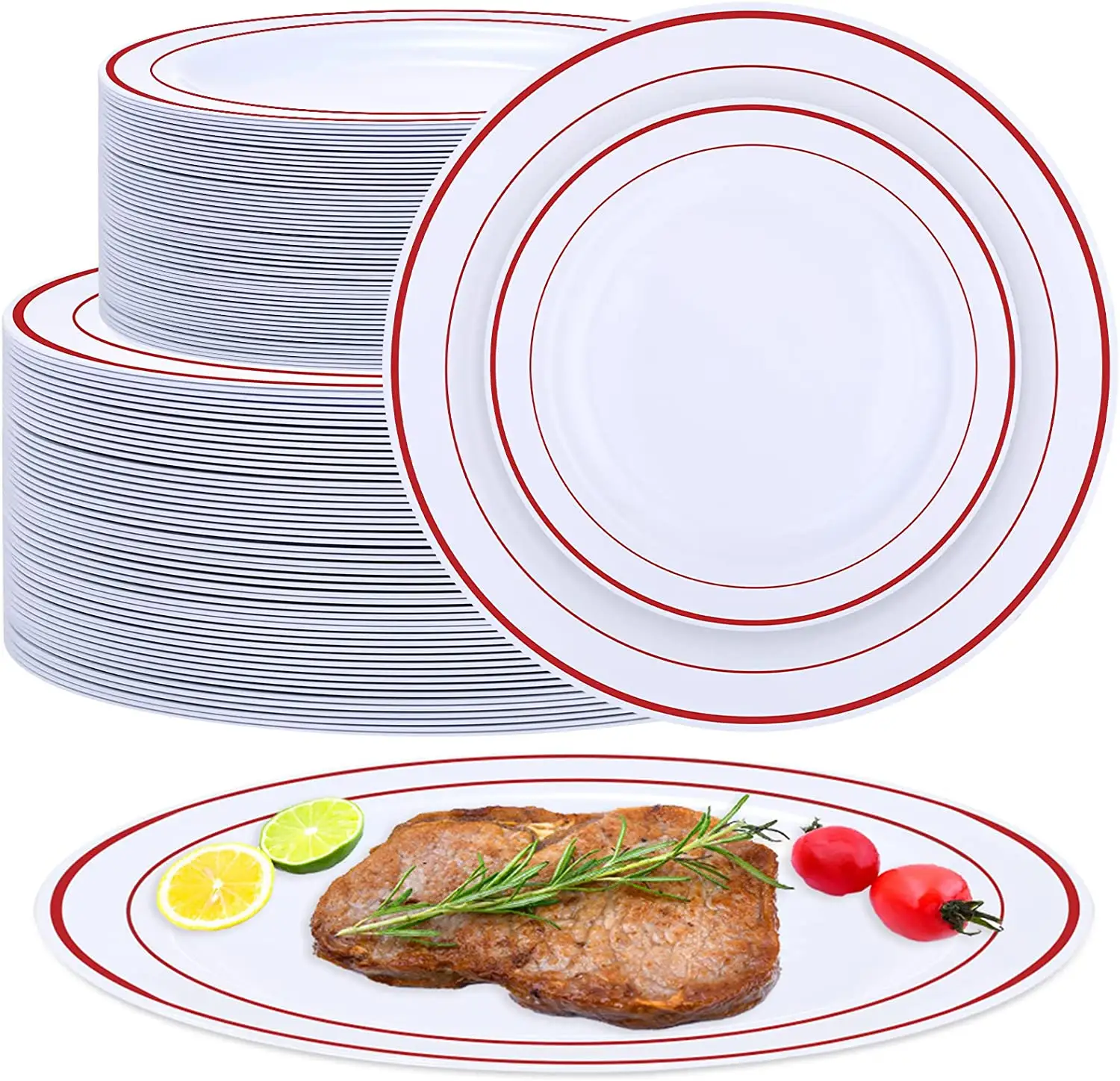 חתונה מסיבת צלחות חד פעמי כלי אוכל סטי כולל 7.5 אינץ סלט צלחת 10.25 inch צלחת עם אדום רים