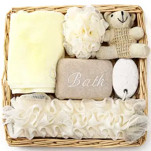 AOWEIK थोक कस्टम 6Pcs तौलिया स्नान फूल भालू उपहार विकर टोकरी स्पंज स्नान महिलाओं के लिए सेट