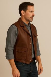 Gilet Western en cuir véritable marron pour homme, simple boutonnage, coupe classique, multi-poches, vêtement d'extérieur décontracté - Product Image 6