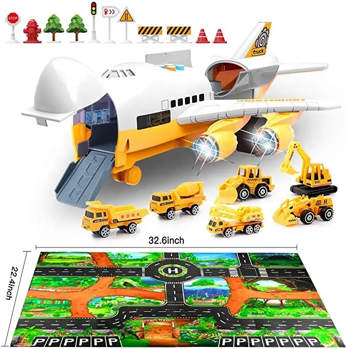 Transport Cargo Airplane and Large Play Mat Car Toys Set Educational Vehicle Construction Car Set for Kids Toddler Boys