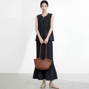Ensemble jupe et haut plissé sans manches en crêpe pour femme, style coréen, col rond, couleur unie, coupe régulière, décontracté, longueur cheville, printemps-été, minimaliste - Product Image 1