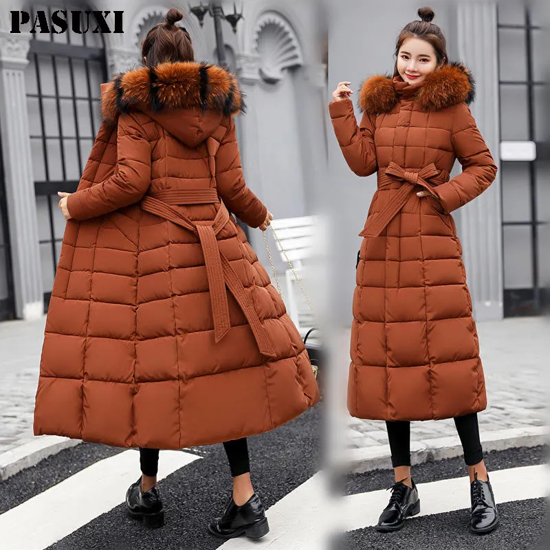 PASUXI yeni uzun kış ceket kadın Parkas ince rahat kapüşonlu kürk yaka sıcak ceket giyim Streetwear