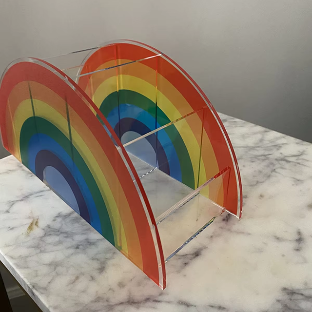 Rainbow Color Cute 5 Compartments Acrylic Pen Holder Clear Desk Organizer Pencil Holder