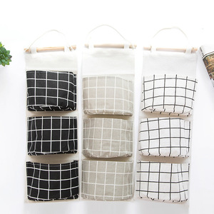 Wall Mounted Storage <b>Bag</b> With Three Pockets Cotton Linen Fabric <b>Punch</b> Free Home Decor Organizer White Black Gray - Product Image 4