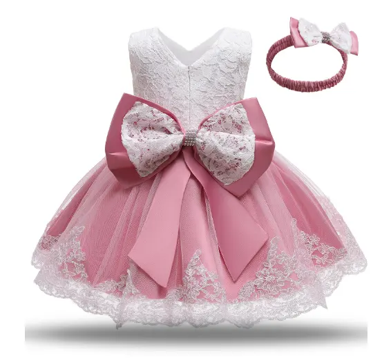 2year baby lace party frock big bow princess wedding ball gown design kid birthday embroidery toddler girl dress