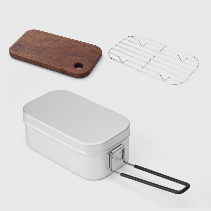 [800ML Silver Lunch Box with Walnut Wood Steamer Rack] Set