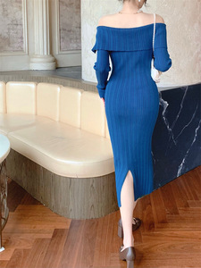 Nouvelles tendances jupe en queue de poisson européenne et américaine femmes S Sexy couleur unie vacances hors épaule robe tricotée de haute qualité <span class=keywords><strong>Wo</strong></span> - Product Image 2