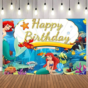 <span class=keywords><strong>La</strong></span> <span class=keywords><strong>Sirenita</strong></span> Ariel Princesa Telón de Fondo Fiesta de Niña Decoraciones de Feliz Cumpleaños Fondo de Concha de Sirena Cubierta de Fondo - Product Image 4