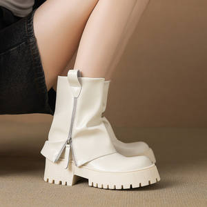 Botines de Mujer con Cierre Lateral, Punta Redonda, de Piel Auténtica, Impermeables, Tacón Plano, Estilo Otoño 2024 - Product Image 3