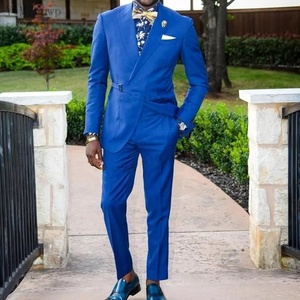 Abrigo azul para <span class=keywords><strong>hombre</strong></span>, pantalones, cinturón con solapa, trajes de graduación, chaqueta ajustada, esmoquin, trajes de boda, 2 piezas - Product Image 2