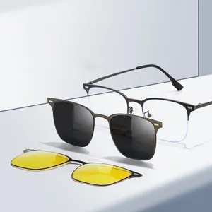 Wholesale Luxury Designer 2 In 1 Sunglasses Night Driving Polarized Metal Frame Sunglasses Magnetic Clip On Glasses