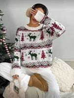 Herbst-Winter Retro Weihnachts pullover Elch Rot Weihnachts baum Illustration Mode Casual Strick Rundhals Winterkleid ung Kleidungs stück