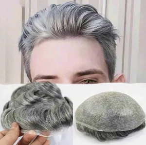 100% capelli umani all'ingrosso prezzo di fabbrica uomini parrucchino vergine 100% capelli umani indiani per gli uomini grigio riccio Super sottile pelle PU parrucchino