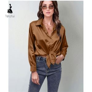 YZ 女式纯色翻领纽扣长袖缎面衬衫简约热销办公室日常衬衫 - Product Image 5
