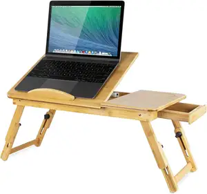 Plateau pour lit d'ordinateur portable avec dessus inclinable et tiroir de rangement coulissant Table de petit-déjeuner réglable avec design pliable