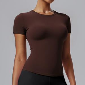 قميص علوي قصير للنساء حار فتاة الصيف البلوز أعلى الرقبة مستديرة الموضة ارتداء صالة ألعاب 10 ألوان اليوغا عادي تي شيرت موهر - Product Image 1