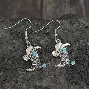 Boucles d'oreilles <span class=keywords><strong>chapeau</strong></span> et bottes de cowboy style bohème western - Pendentifs bottes style denim rétro - Bijoux créatifs vintage sud-ouest - Product Image 3