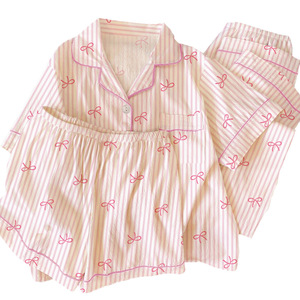 Conjunto de Pijamas Femininos de Manga Curta com Estampa de Laço Coreano Listrado, Três Peças, Venda Quente - Product Image 5