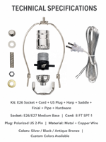   Kit de câblage pour lampe E26 avec cordon de 8 pieds, prise polarisée et interrupteur en ligne pour suspension de luminaire suspendu