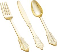 Lot de 350 ensembles de vaisselle assiettes blanches avec motif de fleurs dorées pour 50 invités vaisselle jetable en plastique robuste pour la fête